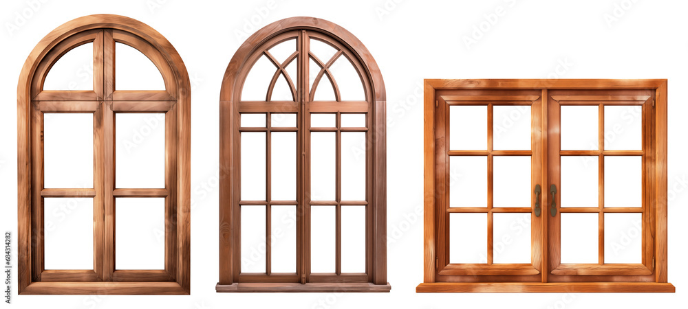Set/collage of wooden windows of different shapes. Rectangular window with wooden frame. Semicircular arched window with wooden frame. Isolated on a transparent background. - obrazy, fototapety, plakaty 