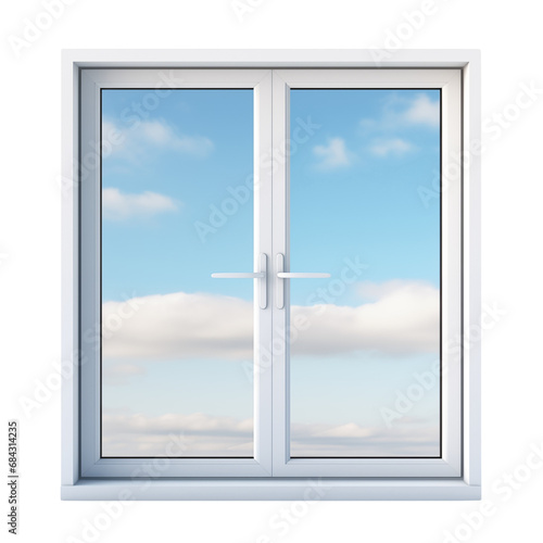 White window overlooking the blue sky. Rectangular  square window with a white frame. Isolated on a transparent background.