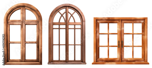 Set/collage of wooden windows of different shapes. Rectangular window with wooden frame. Semicircular arched window with wooden frame. Isolated on a transparent background. photo