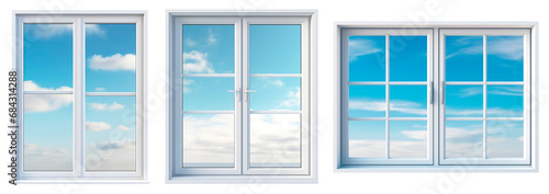 Set collage of rectangular  square windows overlooking a blue sky with white clouds.. Isolated on a transparent background.