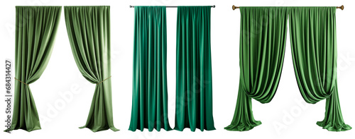 Set/collection of long, velvet, green curtains with pleats. Isolated on a transparent background. photo