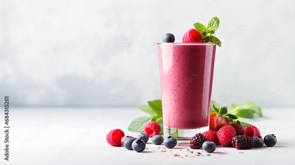 Delicious protein drink with berries on a light background. Refreshing berry drink. Sports nutrition. Delicious protein drink with berries on a light background. Refreshing berry drink. Sports nutrition.