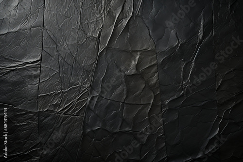 Textured black material with intricate weaves. Crumpled surface resembling wrinkled paper. Sleek leather backdrop.