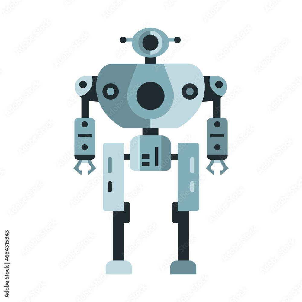 Robot machine technology metal cyborg in flat style. Futuristic humanoid mascot character. Science robotic, Android friendly character, robotic technology vector illustration Robot machine technology metal cyborg in flat style. Futuristic humanoid mascot character. Science robotic, Android friendly character, robotic technology vector illustration