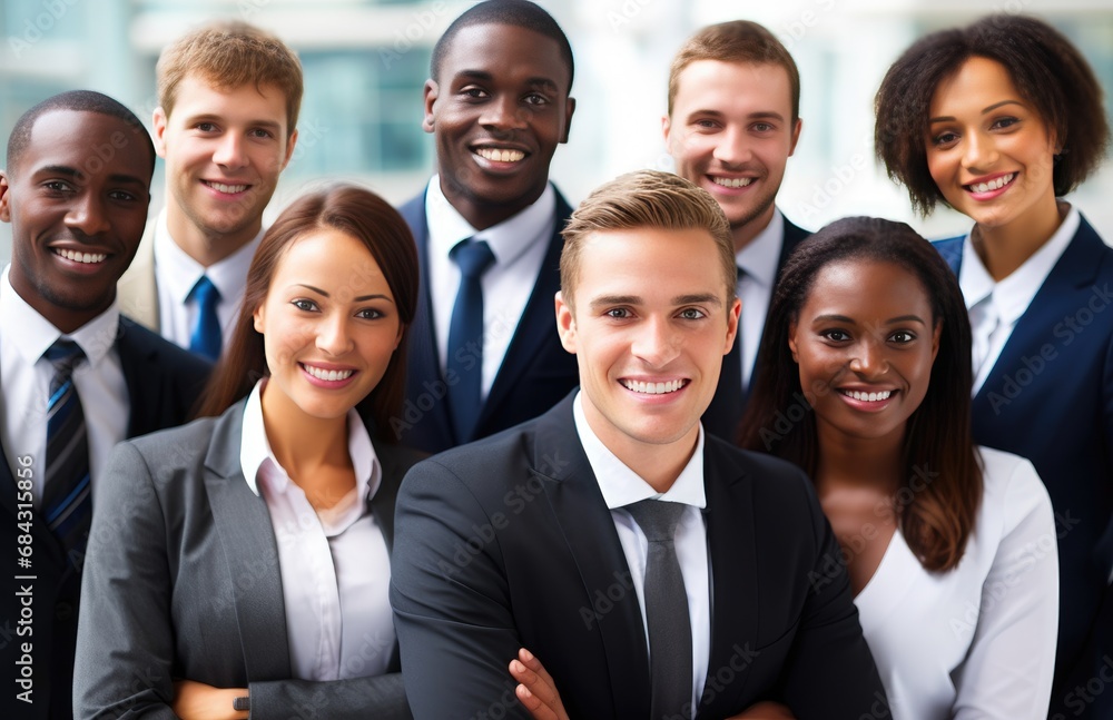 Fototapeta premium Smiling Group Of Ethnically Diverse Businessmen And Businesswomen. Generative AI