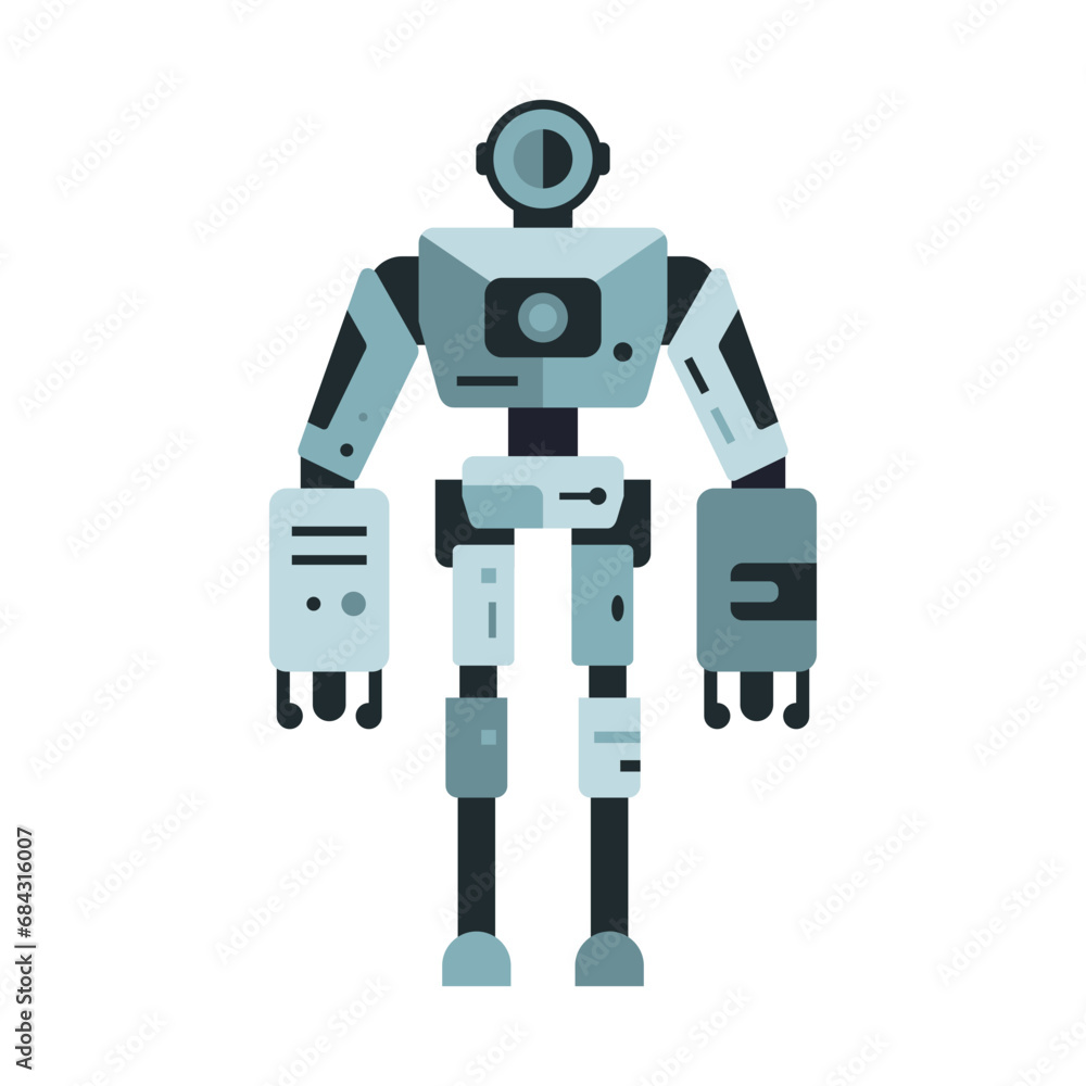 Robot machine technology metal cyborg in flat style. Futuristic humanoid mascot character. Science robotic, Android friendly character, robotic technology vector illustration Robot machine technology metal cyborg in flat style. Futuristic humanoid mascot character. Science robotic, Android friendly character, robotic technology vector illustration