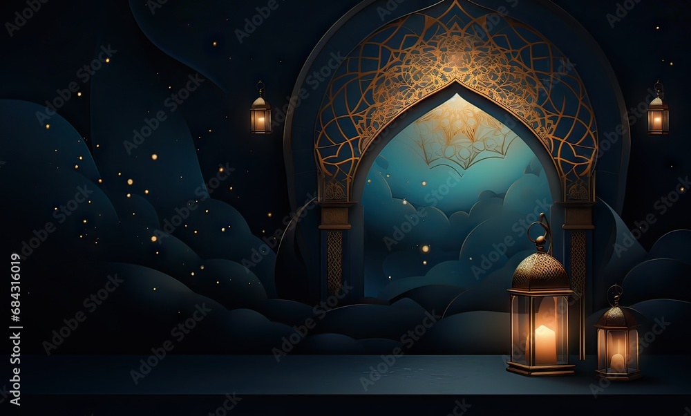 Ramadan wallpaper, two lighted lanterns in front of a door of Arab architecture on a dark background