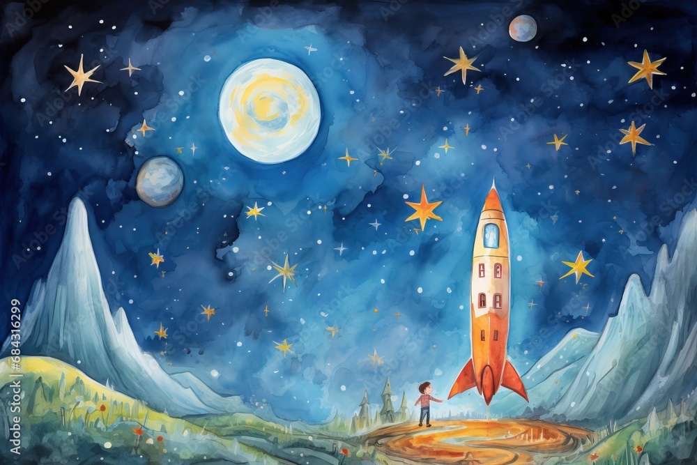 Fototapeta Kid's watercolor drawing. Rocket against the background of the starry sky.