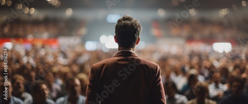 Audience or Conference Hall. Male Speaker Giving Presentation in Hall at University Workshop. Scientific Conference Event, Training, and Education. Generative AI.