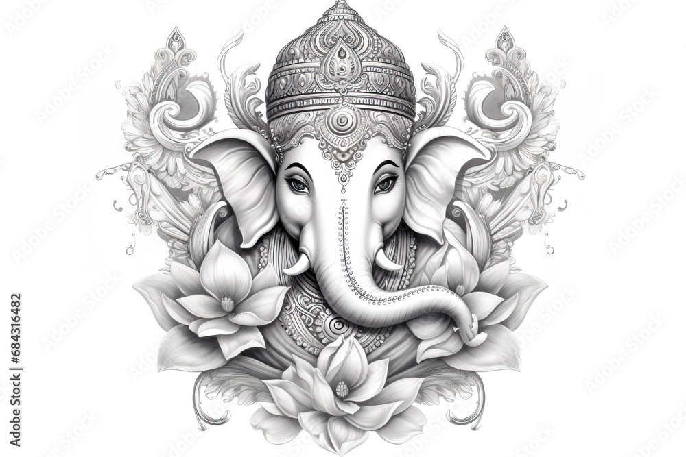 Ganesha isolated on white background. Adult coloring page