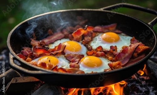 Fried eggs with bacon in a pan in the forest. Food at the camp