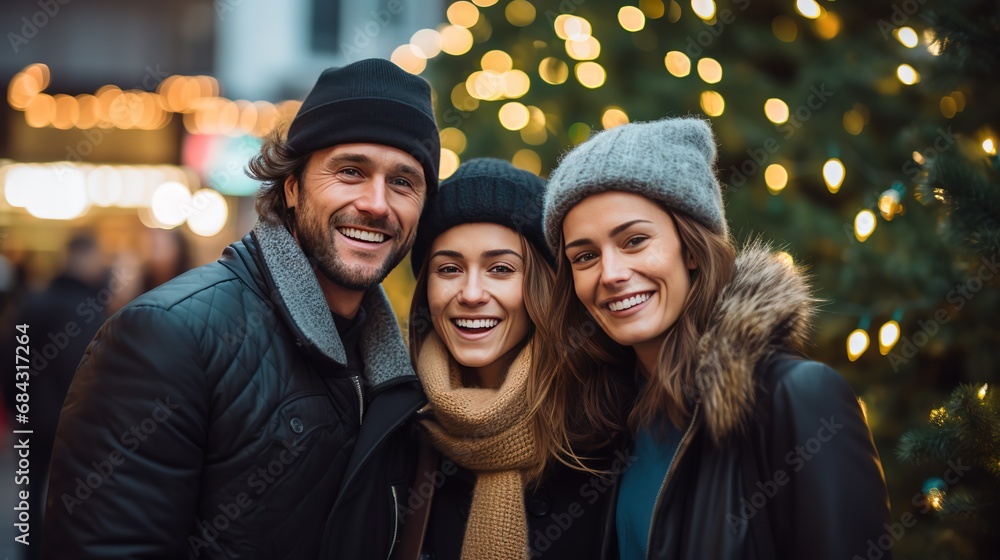 group of men and women travel together attend winter festival at night time, fun and happy time with bokeh light, divers people friendship, Generative Ai group of men and women travel together attend winter festival at night time, fun and happy time with bokeh light, divers people friendship, Generative Ai