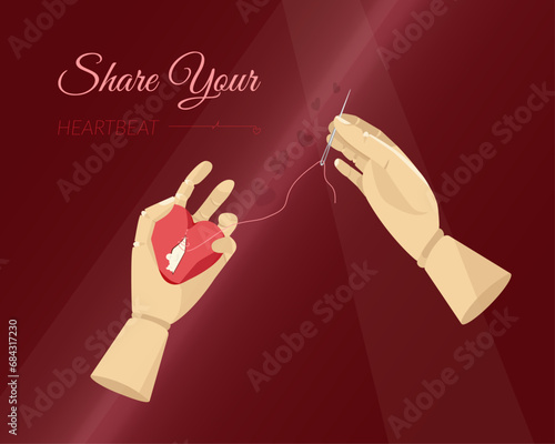 Wooden hands sewing up a torn heart with a needle, Valentine's Day greeting card