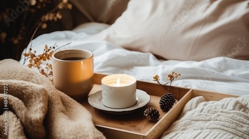 coffee on bed , in the style of romantic 