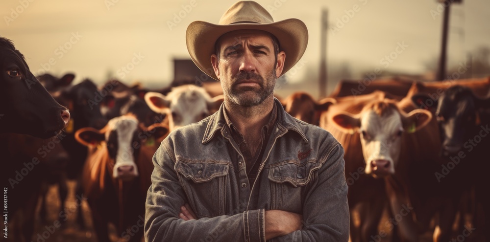  farmer in his stable with cows in the background