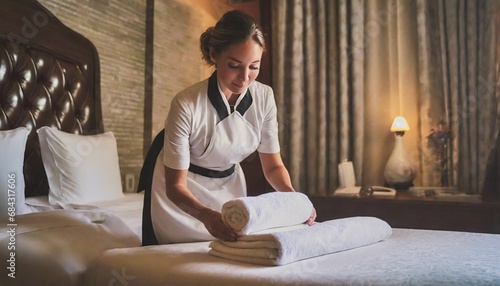  A beautiful white maid prepares clean towels in a bedroom inside a luxurious hotel photo