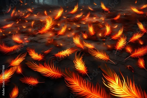 Glowing phoenix feathers scattered on the ground