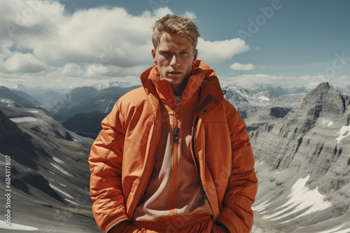 A young man in an orange jacket against a background of mountains.