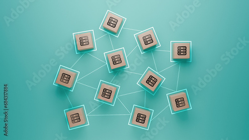 Database network system concept illustrated with wooden blocks on teal background, interconnected data blocks, server clustering and distributed databases