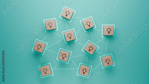 Photography Creative brainstorming with connected lightbulb icons illustrated with wooden bl