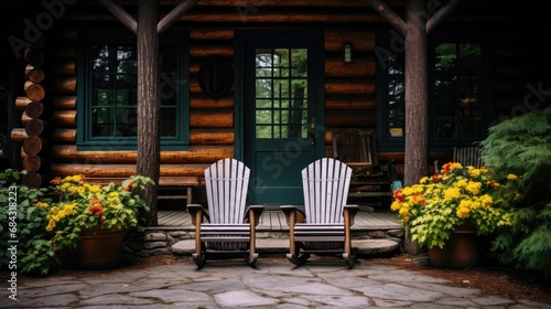 Front porch of a rustic log cabin with wooden chairs