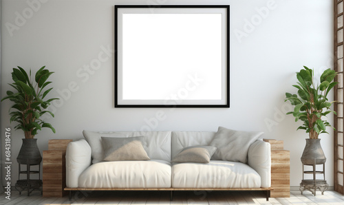 Wall art painting frame hanging on the wall in a modern home, The inside of the wall art has a white background, This frame can be used as a wall art mockup