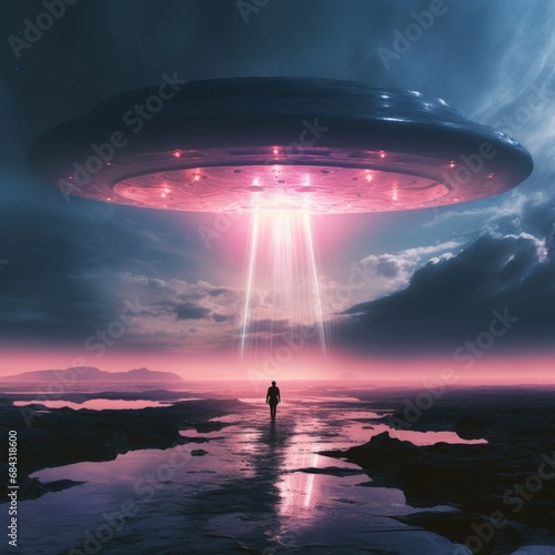 a person walking on a beach with a large ufo above it