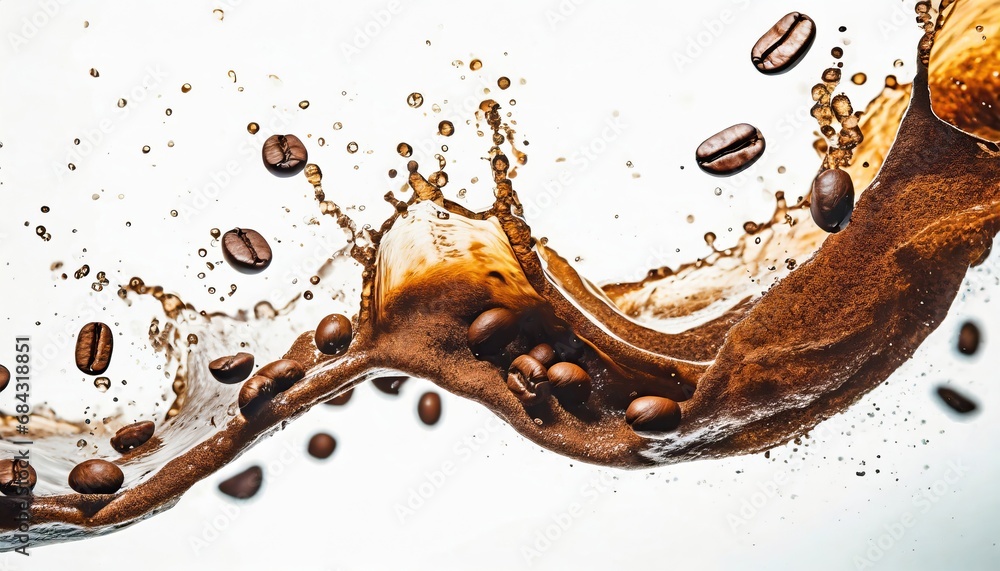 wave of coffee splashing with beans - obrazy, fototapety, plakaty 