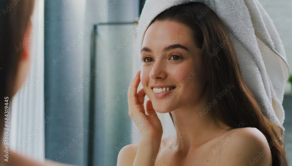  Beautiful young woman happy smile with her smooth skin clean young clear skin in spa bath towel looking at the mirror. Beauty treatment