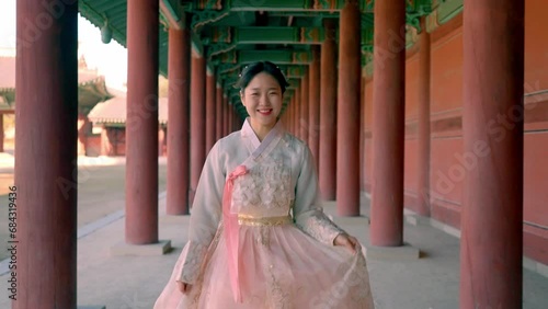 A graceful smile in traditional Hanbok at Changdeokgung palace, capturing the beauty of Korean culture