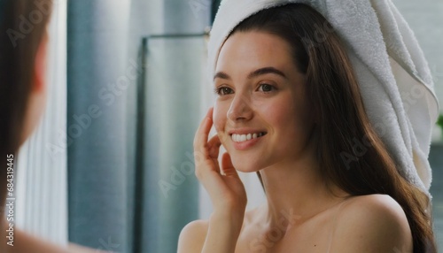 Free Download  Beautiful young woman happy smile with her smooth skin clean young clear skin in spa bath towel looking at the mirror. Beauty treatment - GFXLoad