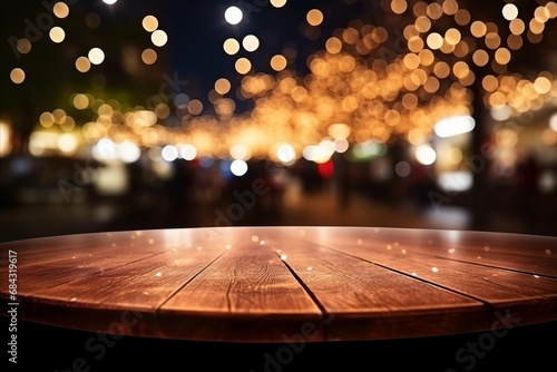Round Wooden Table with Bokeh Lights in Pub, Vintage Decor, Empty Space for Socializing and Drinks © sorin