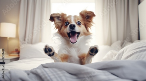 cute happy dog on the bed,look at the camera photo