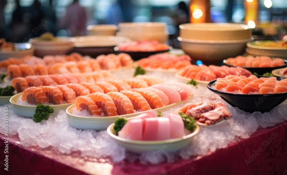 many bowls of sushi and sashimi sitting on the table many bowls of sushi and sashimi sitting on the table