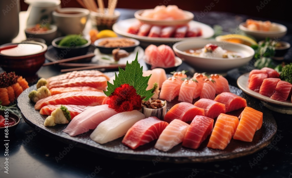 many bowls of sushi and sashimi sitting on the table many bowls of sushi and sashimi sitting on the table