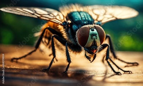 Close up view of a green fly with a blurry background. Green flies are the source of disease. Transmitting pathogens through saliva when they land on food © useful pictures