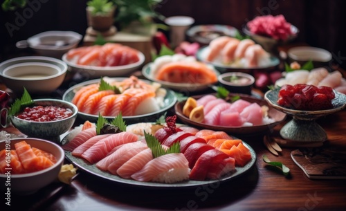 many bowls of sushi and sashimi sitting on the table