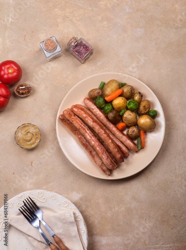 Chicken sausages with a side dish of new potatoes and vegetables