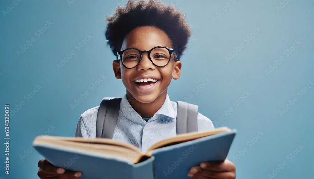 American boy in glasses laughing for camera and reading book American boy in glasses laughing for camera and reading book