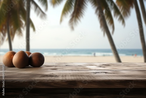 Black Wooden Table Top on Blur Tropical Beach Background - Perfect for Display or Product Montage