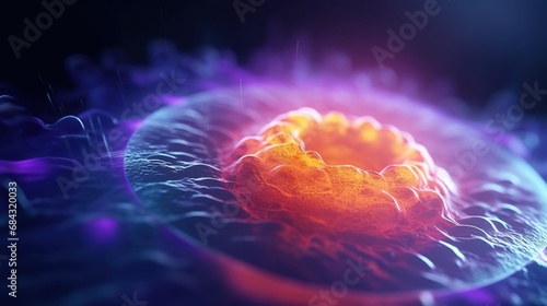 A biological luminous cell takes over the space. Conceptual medical or scientific illustration. Design for banner, poster, cover, brochure or presentation.