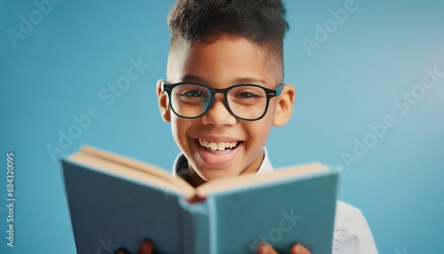 American boy in glasses laughing for camera and reading book  photo