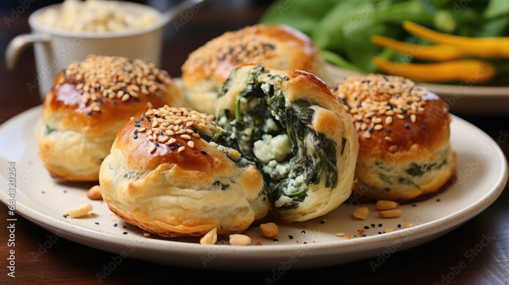 Spinach puffs with addition of Gorgonzola cheese, walnuts and sesame seeds 
