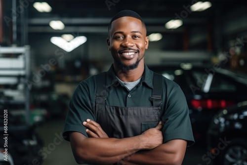 portrait of African American mechanic man happy working in car garage