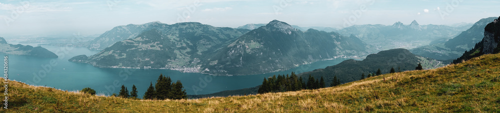 Panoramic view of Lake Lucerne in Switzerland.
