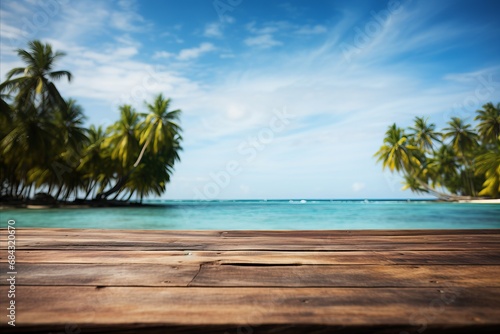 Black Wooden Table Top on Blurred Tropical Beach - Ideal for Product Display or Montage