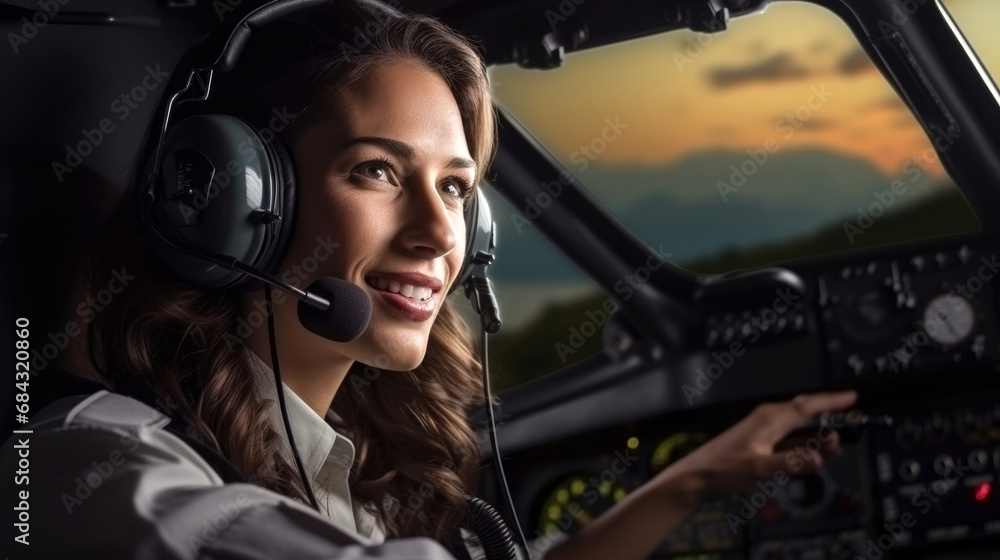 Woman pilot in airplane cockpit, wearing headset with microphone, flying a plane. Woman pilot in airplane cockpit, wearing headset with microphone, flying a plane.