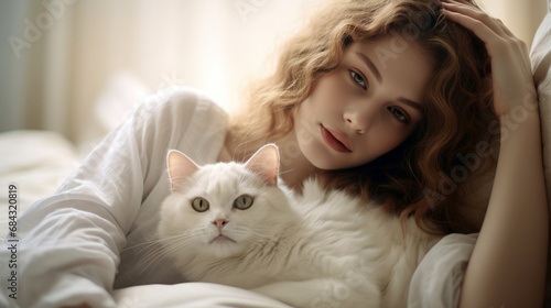 woman lay down with cat in the style of romantic