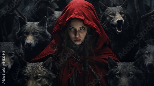 a woman in a red cape surrounded by wolves