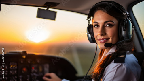 Woman pilot in airplane cockpit, wearing headset with microphone, flying a plane. photo
